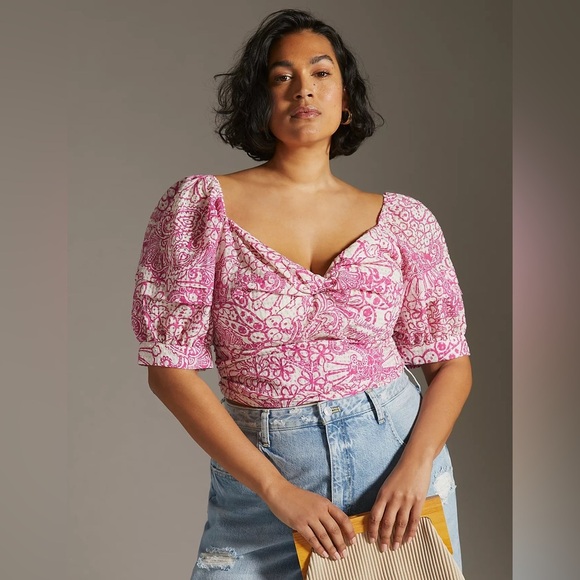 Maeve Anthropologie Tie-Back Printed Crop Top Floral Puff Sleeve Smocked Size L - Picture 1 of 6